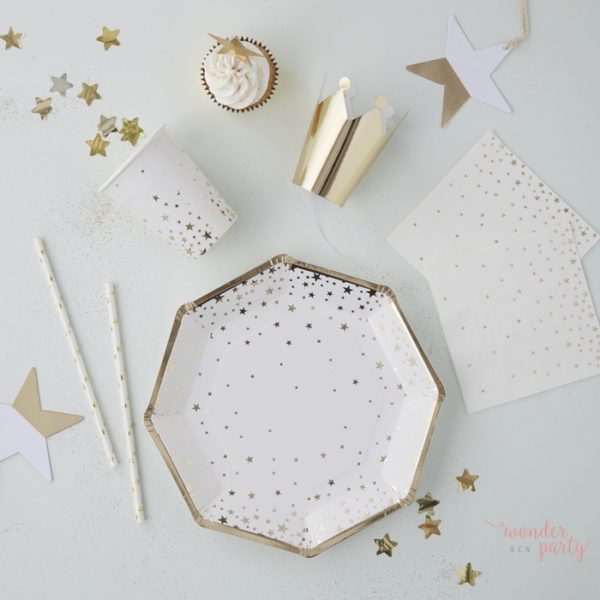 Platos de papel estrellas doradas para fiestas
