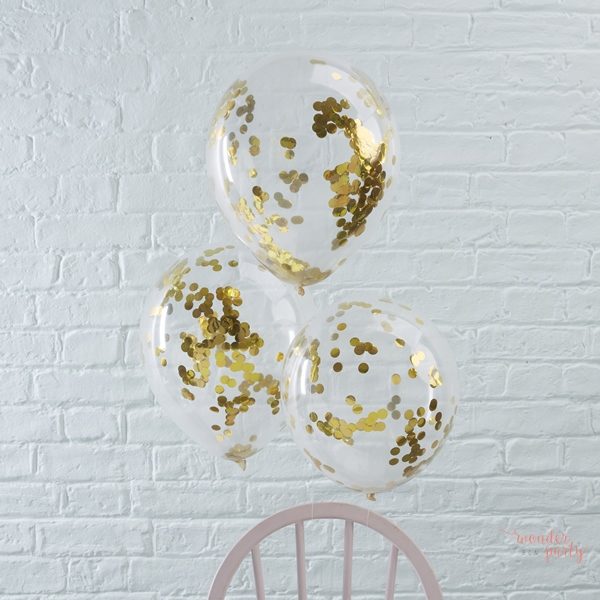 Globos transparentes de latex con confetti dorado Wonder Party Bcn