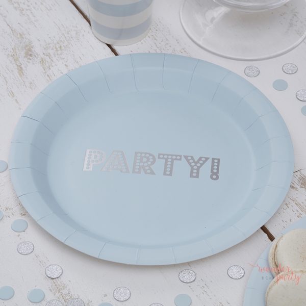 Platos de papel celeste y plateado plata azul claro para fiestas Wonder Party Barcelona