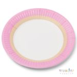 platos de cartón rosa, kraft y blanco
