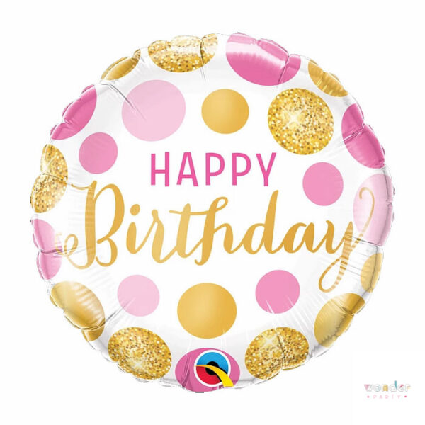 Globo Foil Happy Birthday dots dorados rosados